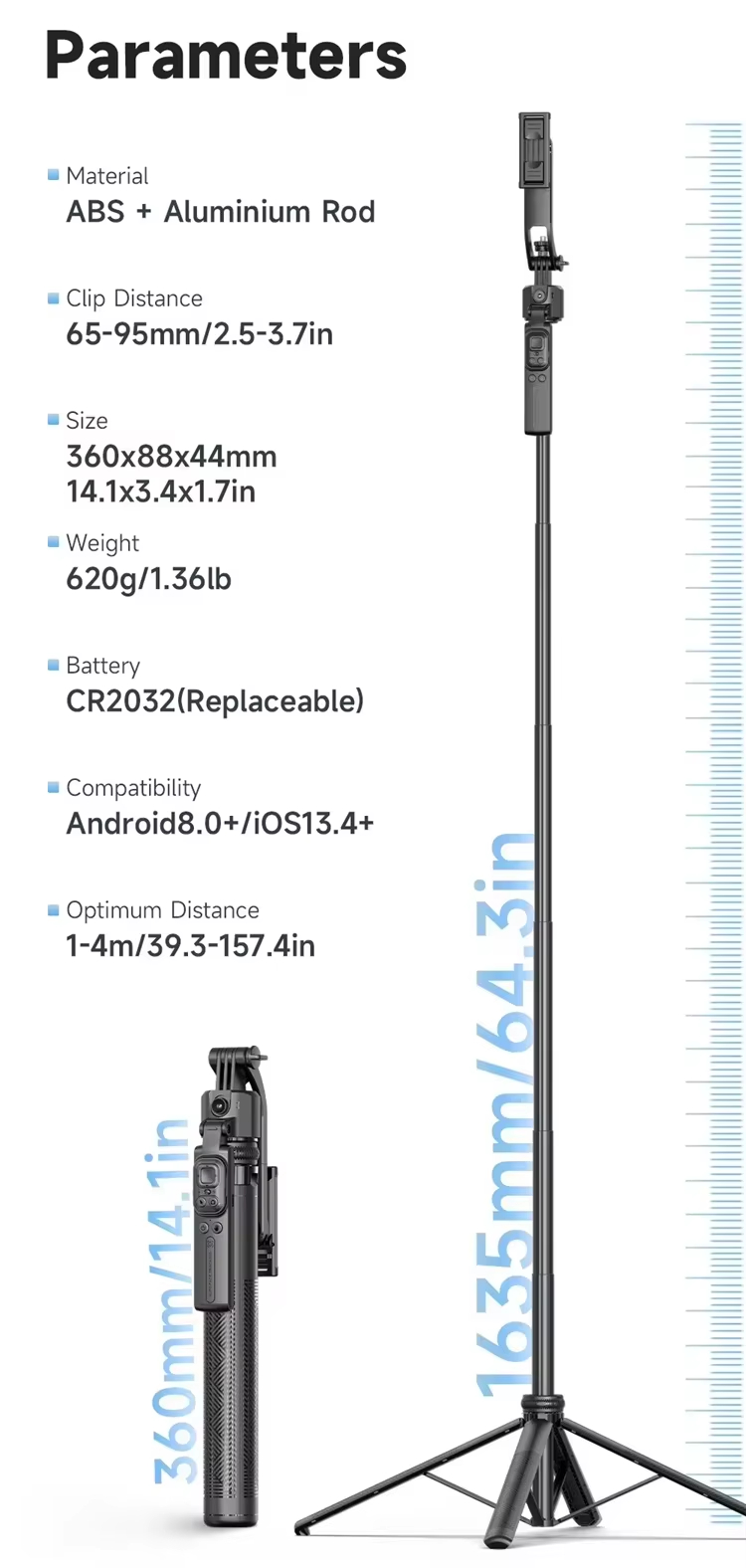 C17 AI Smart Tracking Tripod 64in 1.63M Gimbal Selfie Stick 360° Adjustable detail 10