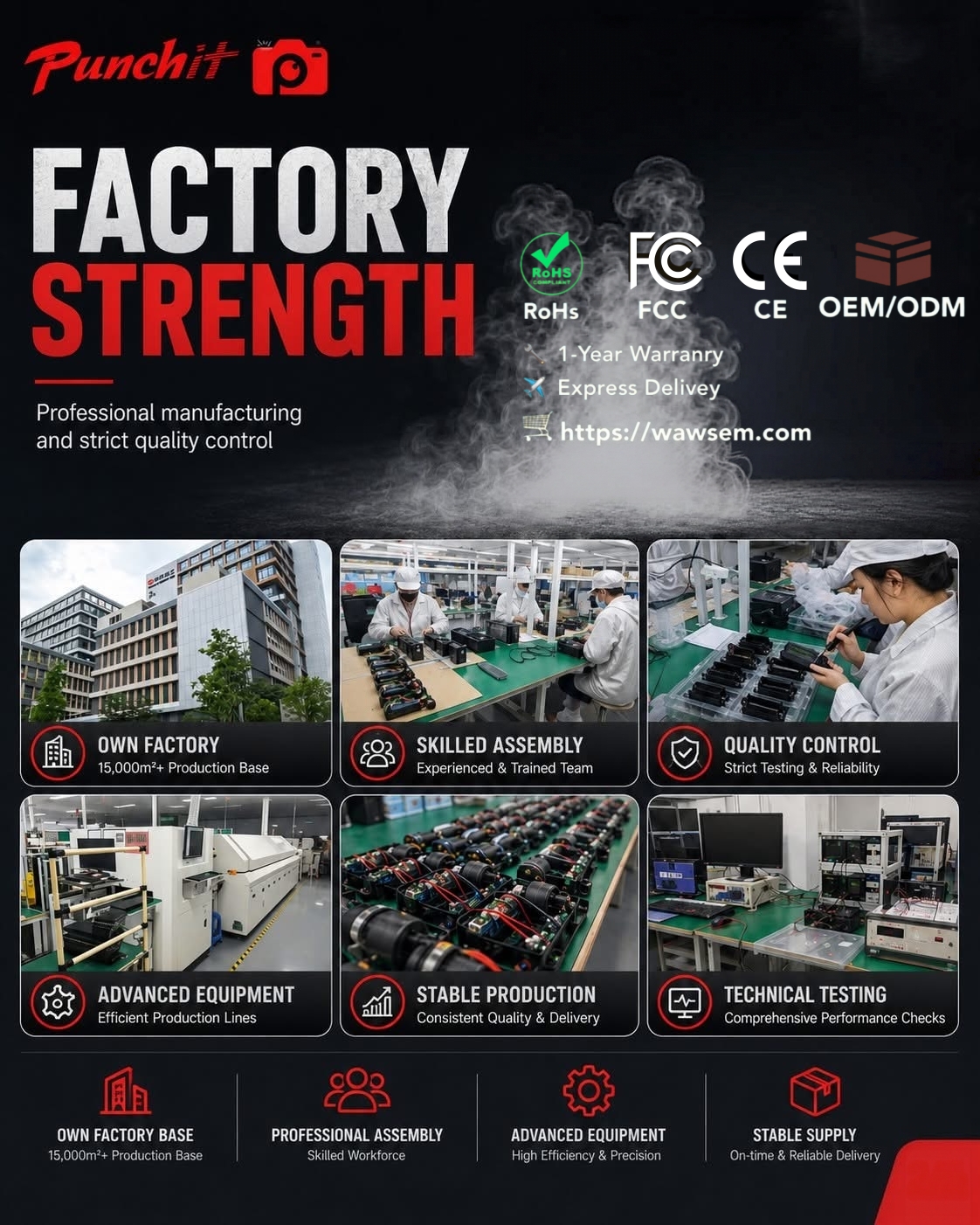Punchit Factory Strength - 15000m2 Production Base, CE FCC RoHS Certified, OEM/ODM Service